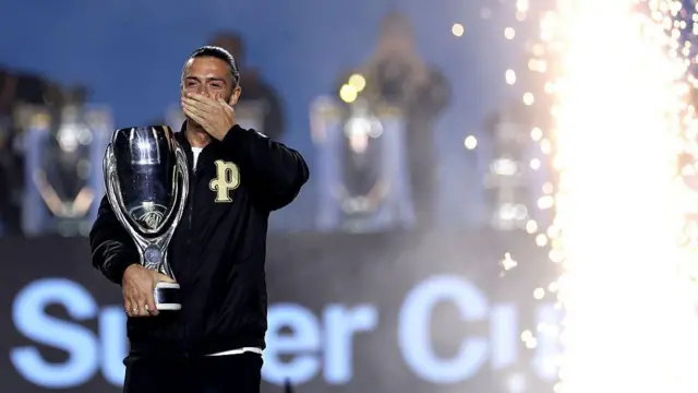 Jack Grealish, on loan to Everton, brings out the 2023 Uefa Super Cup trophy