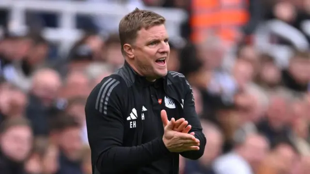 Eddie Howe, Manager of Newcastle United, reacts during the Premier League match between Newcastle United FC and Manchester City FC at St James' Park