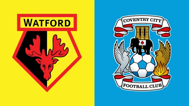 The club badges of Watford and Coventry City side by side. The Watford one is on a yellow background and Coventry's on a sky blue background