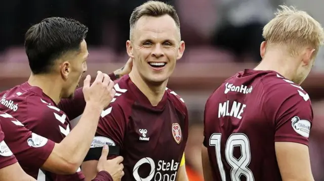 Hearts' Lawrence Shankland celebrates scoring against Falkirk