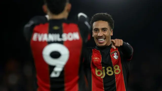 Evanilson of AFC Bournemouth celebrates with teammate James Hill 