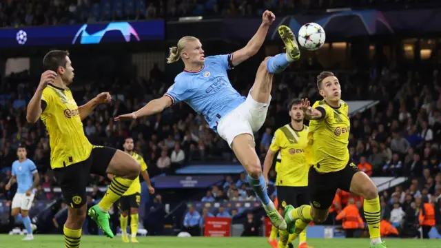 Haaland scores the winning goal in Champions League group G match against former club Borussia Dortmund in September 2022