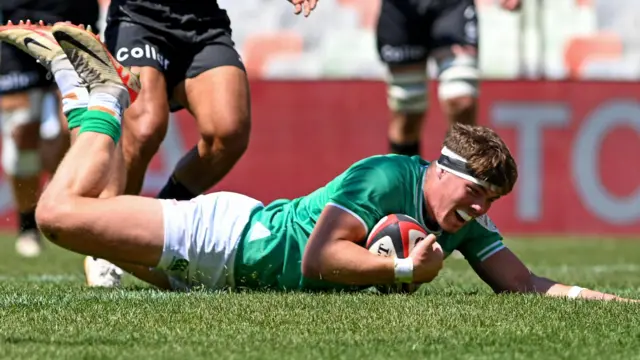 Jude Postlethwaite touches down for Emerging Ireland's opening try in Bloemfontein