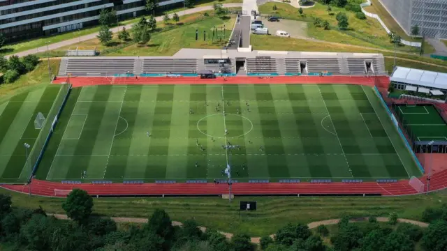 Aerial view shows a training session of the German national team at their Euro 2020 training camp at Herzo-Base in Herzogenaurach, Germany