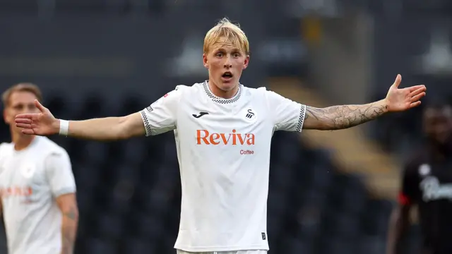 Melker Widell looks frustrated during Swansea's game against Crawley