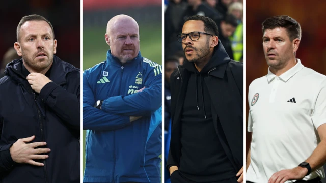 A split graphic of Craig Bellamy, Sean Dyche, Liam Rosenior and Steven Gerrard