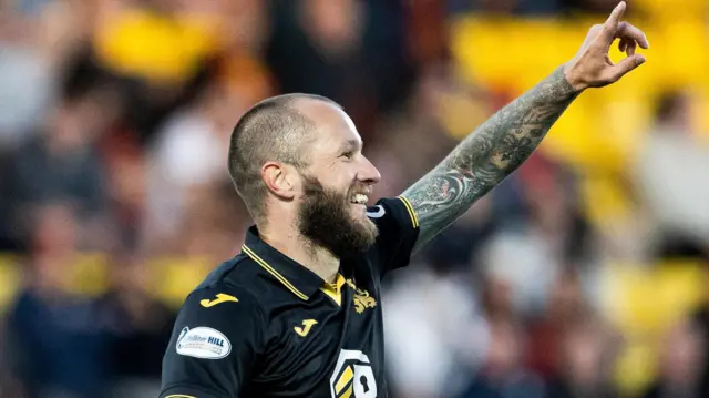  Livingston's Stevie May celebrates scoring to make it 2-0 during a William Hill Premiership Play-Off Semi-Final Second Leg match between Livingston and Partick Thistle at the Home of the Set Fare Arena