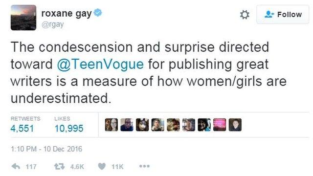 Professor and commentator Roxane Gay saw signs of sexism in the response to the Teen Vogue piece on Trump