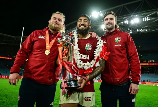 Connacht players Finlay Bealham, Bundee Aki and Mack Hansen with the trophy 