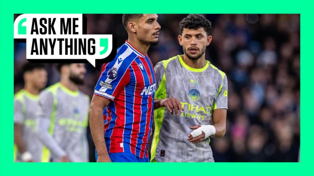 Maxence Lacroix and Matheus Nunes in action for Crystal Palace and Manchester City respectively, surrounded by a green 'Ask Me Anything' border