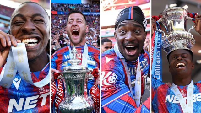 Eberechi Eze biting his medal, Joel Ward with the trophy, Jean-Phillipe Mateta smiling and Marc Guehi with the trophy on his head