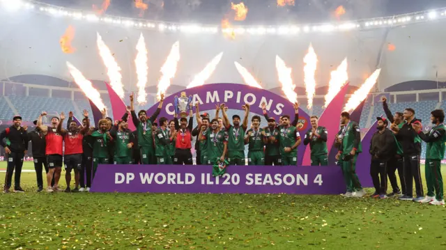 ILT20 champions Desert Vipers celebrate with 2025-26 trophy