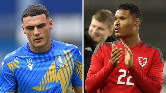 Side-by-side photos of Sheffield Wednesday's Bailey Cadamarteri warming up for the Owls and Kai Andrews applauding fans in a Wales shirt
