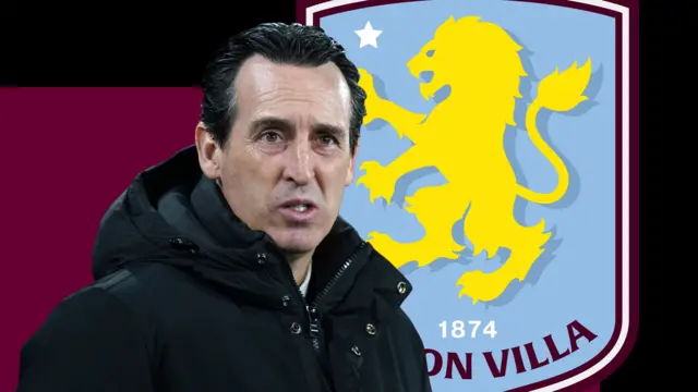 A graphic of Unai Emery in front of a burgundy and black background and the Aston Villa club badge