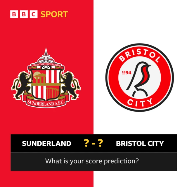 A graphic asking 'What is your score prediction?' with Sunderland and Bristol City on opposing sides