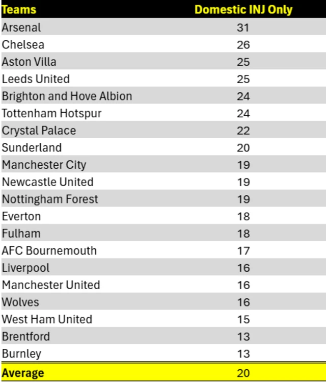 Domestic injuries for each Premier League team this season