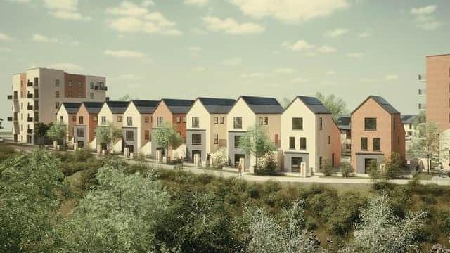 Artist's impression of the Farringdon Row development. A number of three-storey detached houses stand next to each other with a six-storey apartment block visible on the far left. The properties overlook a grassy banked area.
