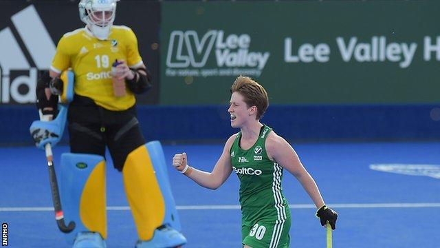 Ali Meeke celebrates her cool finish in Ireland's shootout win over India