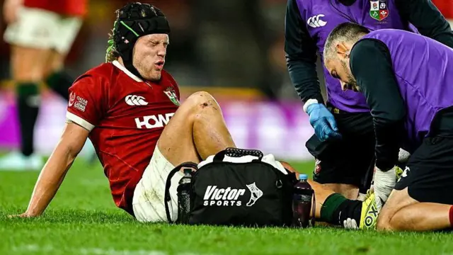  Darcy Graham of British & Irish Lions receives medical attention during the tour match between First Nations & Pasifika XV and the British & Irish Lions at Marvel Stadium 