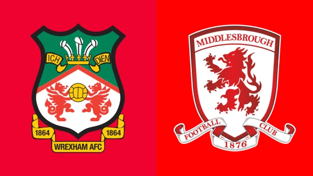 The Wrexham and Middlesbrough club badges side by side and both on a red background