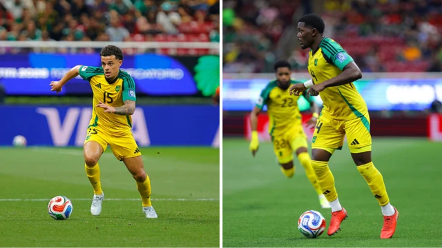 Side-by-side images of Joel Latibeaudiere and Ephron Mason-Clark in yellow Jamaica kits