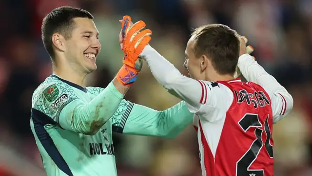 Hakon Valdimarsson and Mikkel Damsgaard celebrating