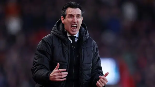 Unai Emery of Aston Villa reacts 