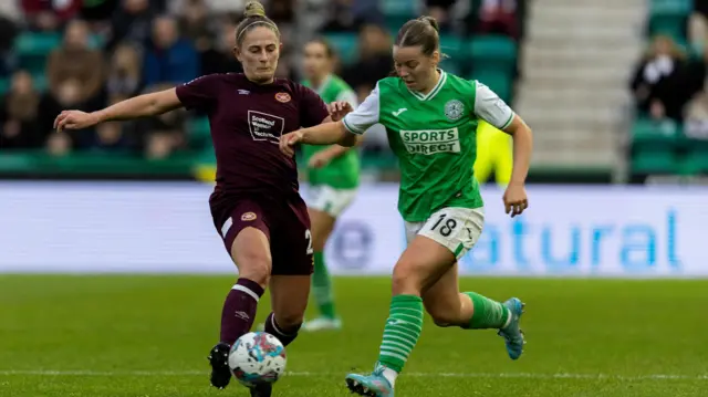 Hearts' Jenna Penman (L) and Hibernian's Rosie Livingstone in action during a Scottish Power Women's Premier League match between Hibernian and Heart of Midlothian at Easter Road