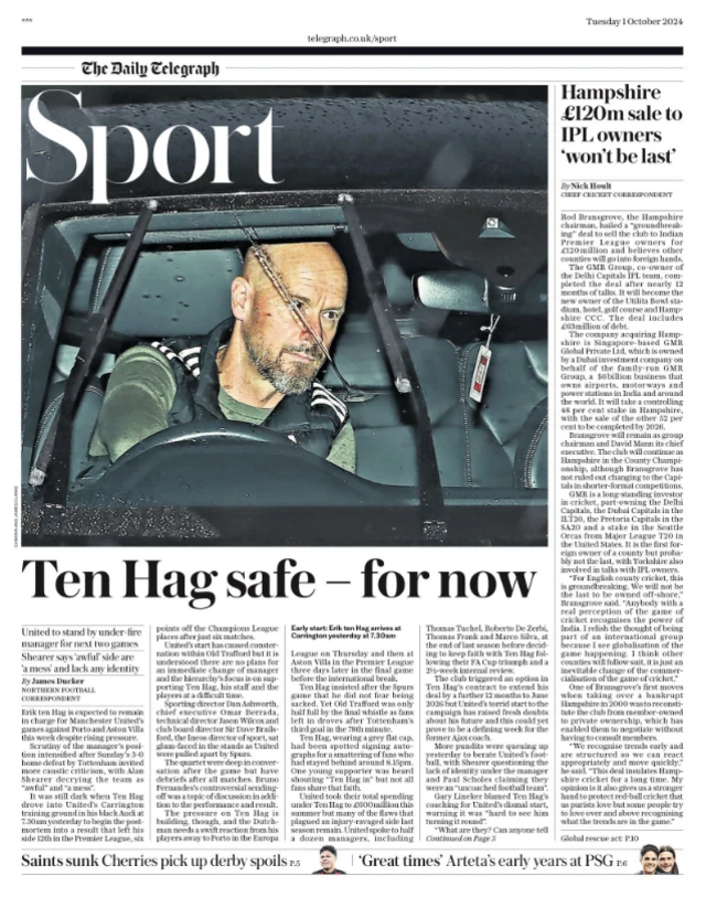 The Telegraph back page 'Ten Hag safe - for now'