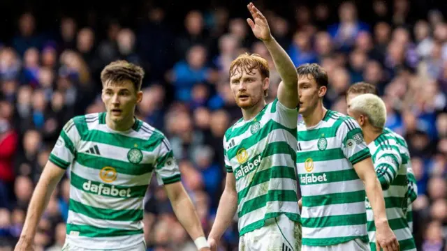 Celtic's Liam Scales (centre) in action during a William Hill Premiership match between Rangers and Celtic at Ibrox Stadium, on March 01, 2026, in Glasgow