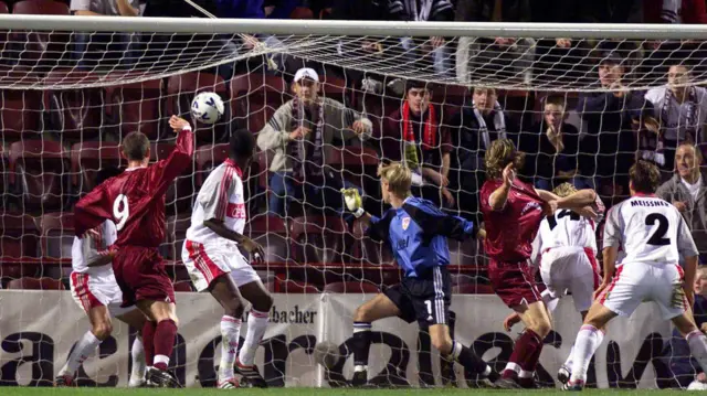 Steven Pressley scores for Hearts against Stuttgart in the 2000 Uefa Cup