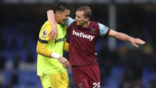 West Ham United's Alphonse Areola and Tomas Soucek celebrate