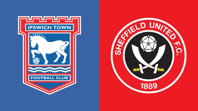 left side of the image has a blue background with the ipswich town badge and the right side has a red background with the sheffield united badge
