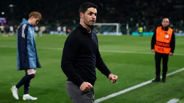 Mikel Arteta, Manager of Arsenal, celebrates after the team's victory