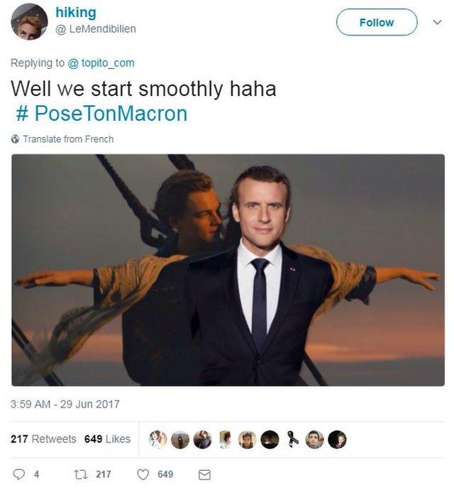 Mr Macron was photoshopped into an iconic shot from the film Titanic, standing on the prow of the boat with Leonardo DiCaprio