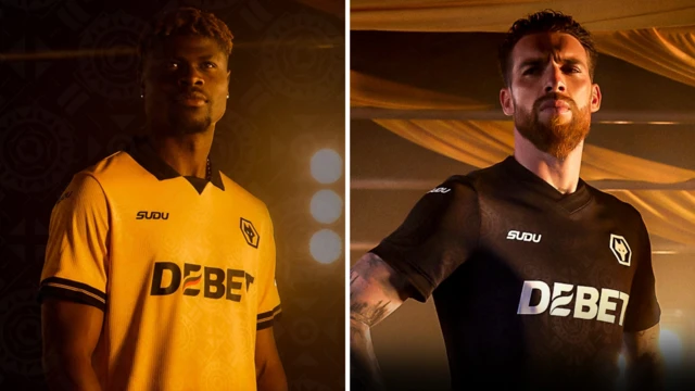 A split image. On the left, Emmanuel Agbadou models Wolves' gold home shirt for 2025-26. It has a black collar and black trim on the sleeves. On the right, Jose Sa models a black goalkeeper kit