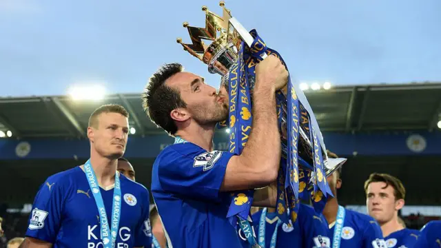 Christian Fuchs with the Premier League trophy in 2016