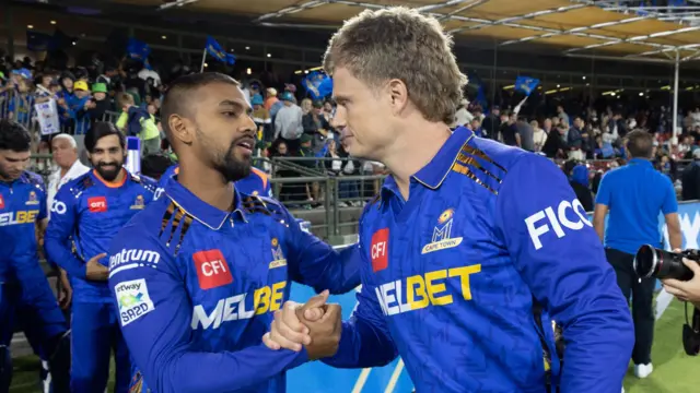 Nicholas Pooran and Ryan Rickelton celebrates MI Cape Town's win over Sunrisers Eastern Cape in the SA20