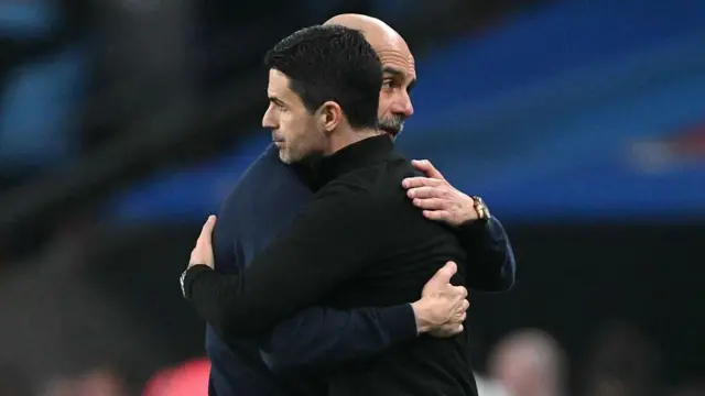 Arsenal manager Mikel Arteta and Man City boss Pep Guardiola embrace