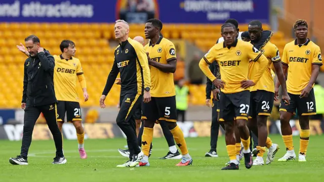 Vitor Pereira and various Wolves players look dejected on the pitch after defeat to Everton