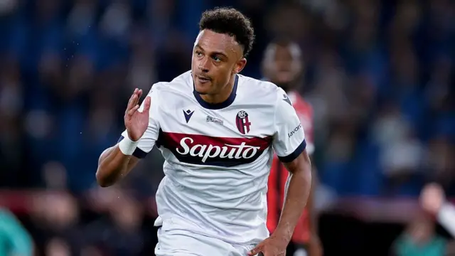 Dan Ndoye of Bologna FC celebrates after scoring first goal during the Coppa Italia Frecciarossa Final match between AC Milan and Bologna FC