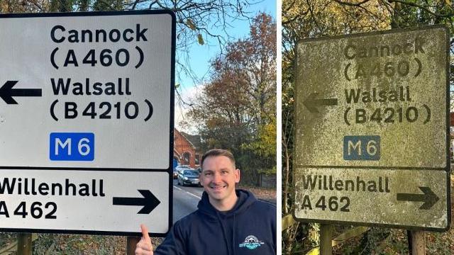 A man with short hair and a blue jumper with this thumb in the air beside a clean white road sign and next to that the same road sign covered in dirt, before it was cleaned