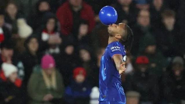 Christopher Nkunku celebrates by blowing up a blue baloon