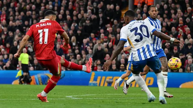 Mohamed Salah of Liverpool scoring the second Liverpool goal making the score 2-1 during the Premier League match between Liverpool FC and Brighton & Hove Albion FC at Anfield