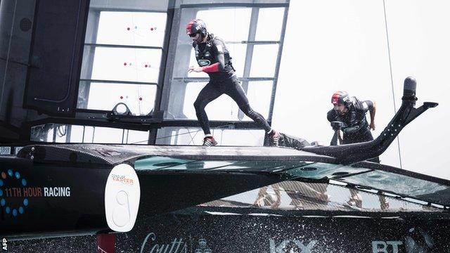 Great Britain's crew in action against New Zealand during the America's Cup