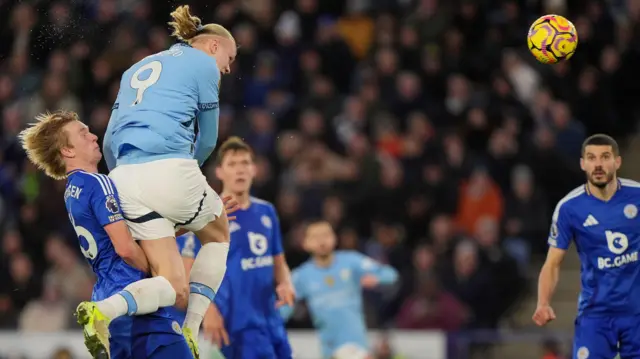 Erling Haaland scores for Manchester City against Leicester