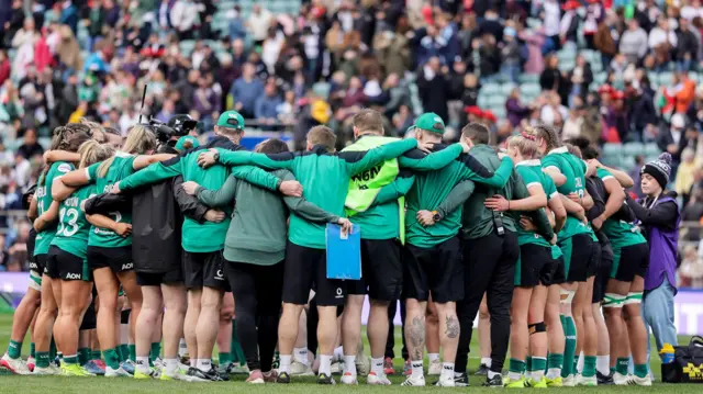 Ireland huddle after the England game at Twickenham