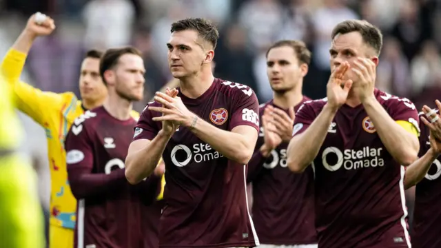 Hearts players celebrate after their win over Dundee