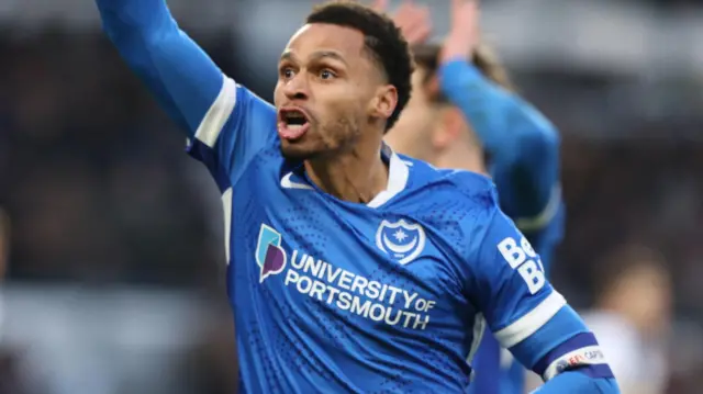 Josh Murphy celebrates Portsmouth's goal in the 1-1 draw at Derby