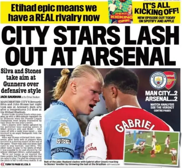 Back page of Daily Mail reacting to Man City 2-2 Arsenal